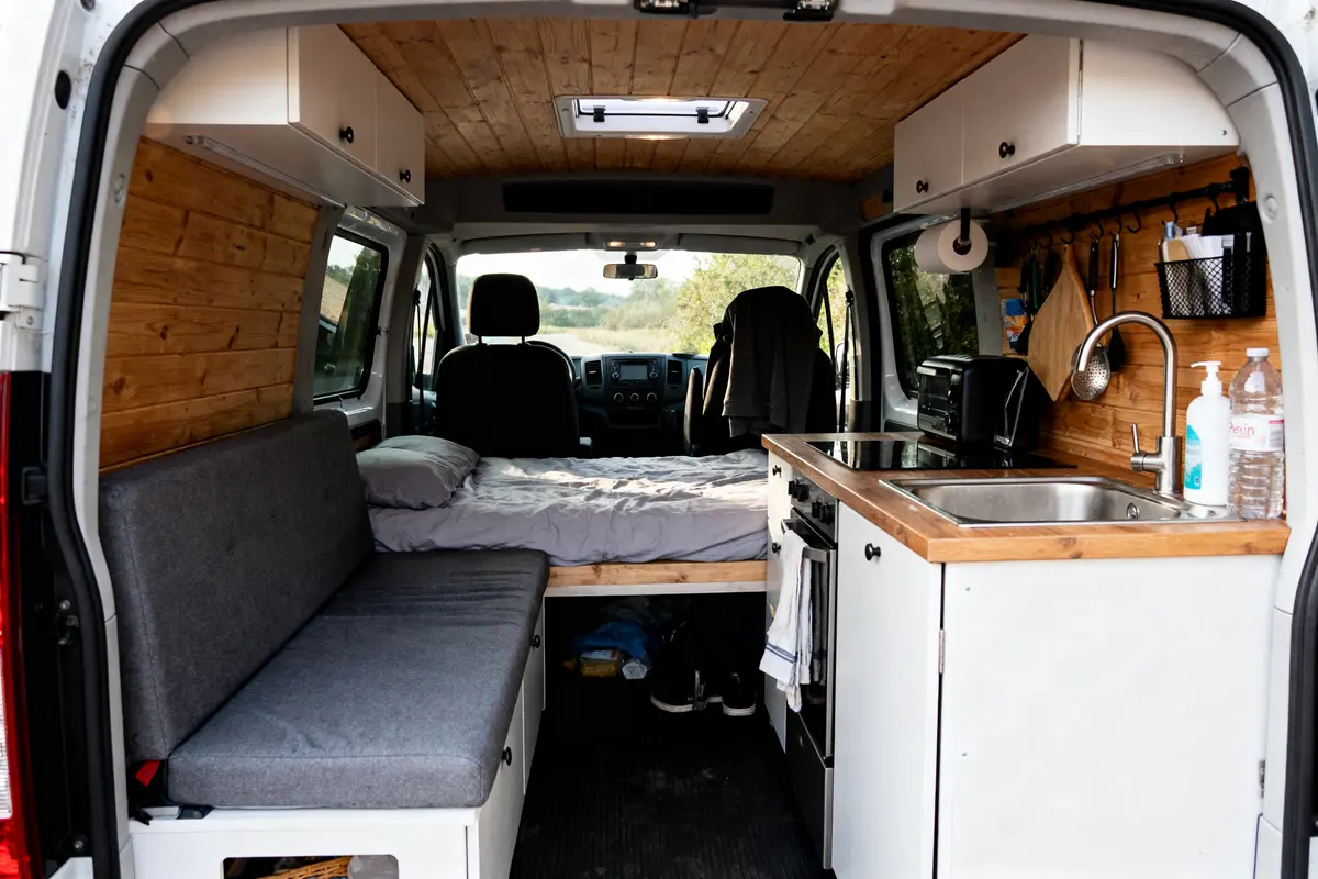 Aménagement de van aménagé avec lit, cuisine compacte et espace de rangement en bois clair.
