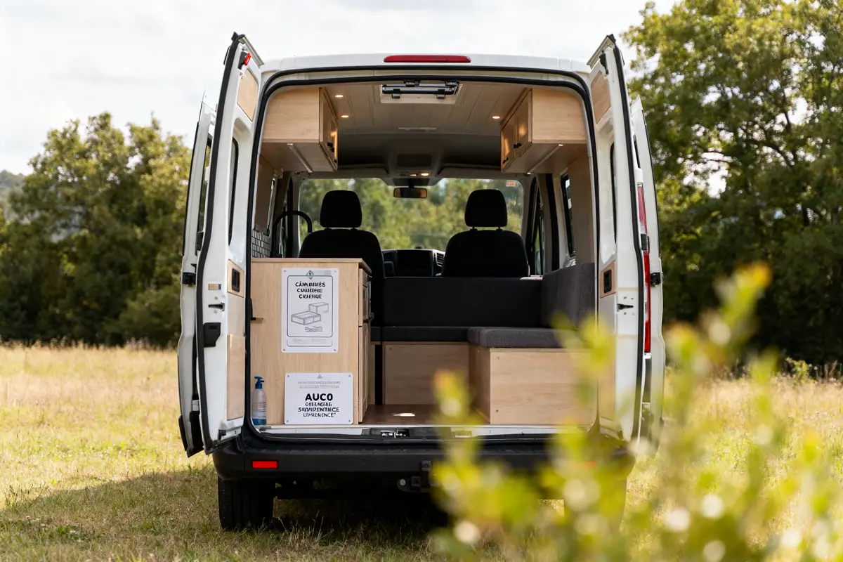 Van aménagé avec lits rabattables, sièges noirs, mobilier en bois, stationné dans un champ verdoyant ensoleillé.