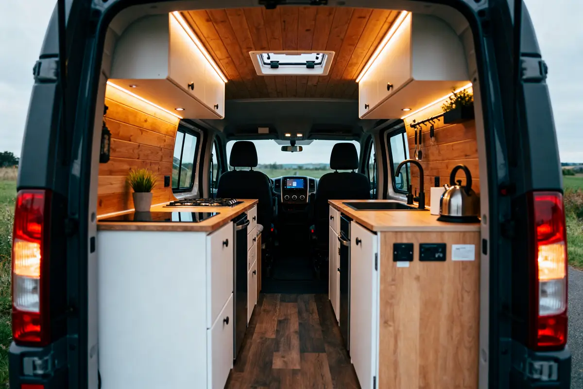 Intérieur moderne de van aménagé avec cuisine, finitions en bois, éclairage chaleureux, et paysages extérieurs visibles.