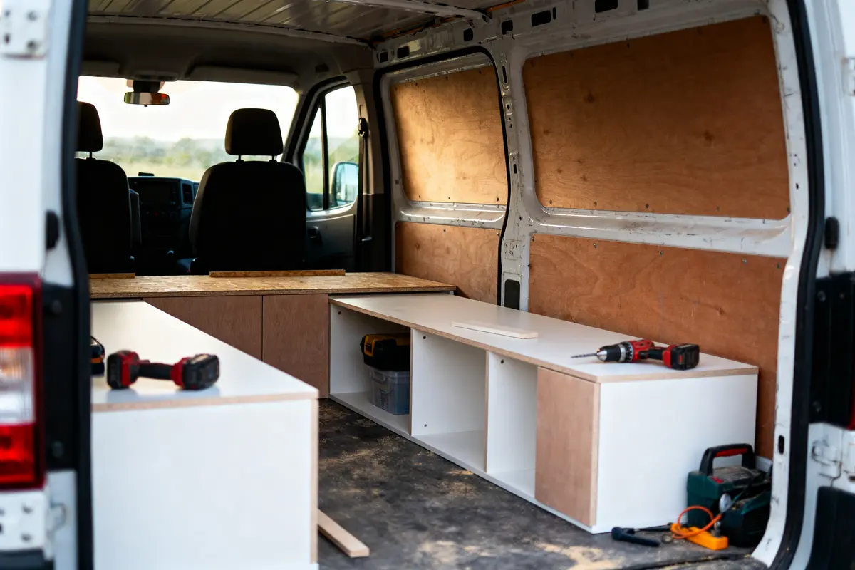 Aménagement d'une camionnette en espace de rangement avec outils, bois et placards intérieurs minimalistes.
