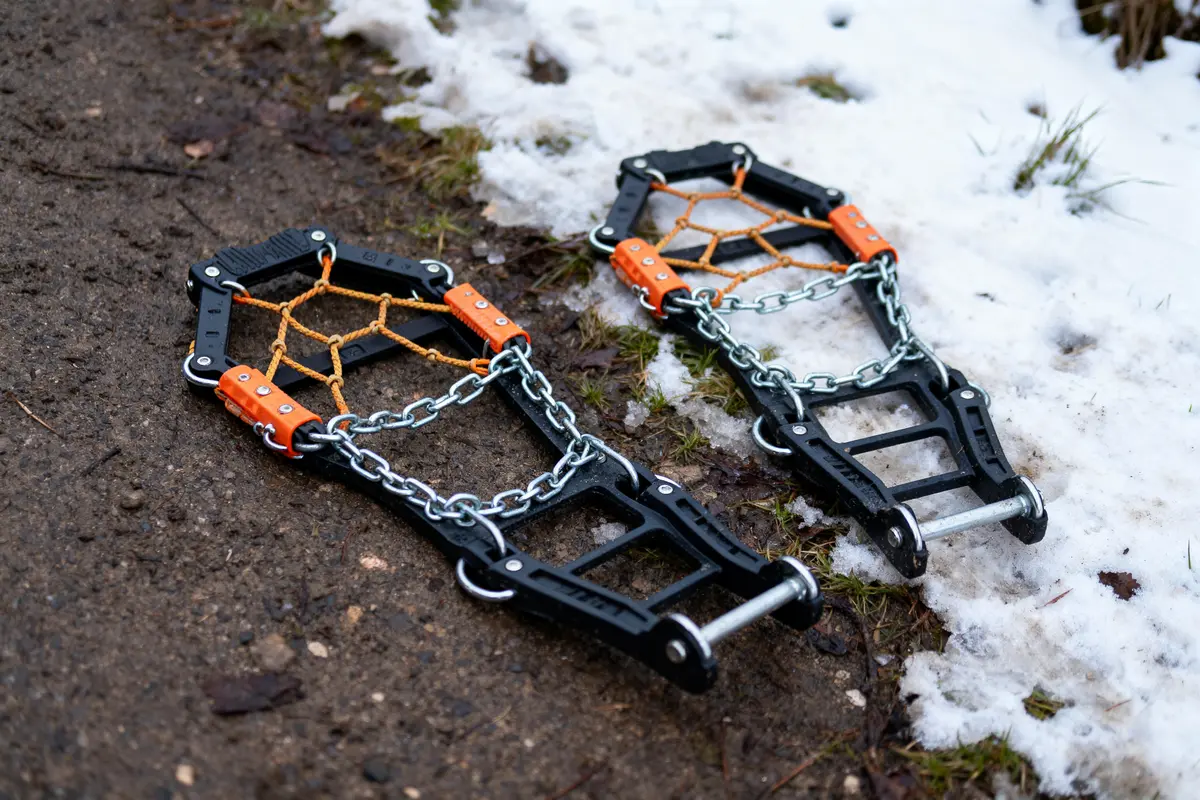 Chaînes à neige modernes posées sur un sol partiellement enneigé et herbeux, prêtes pour utilisation.