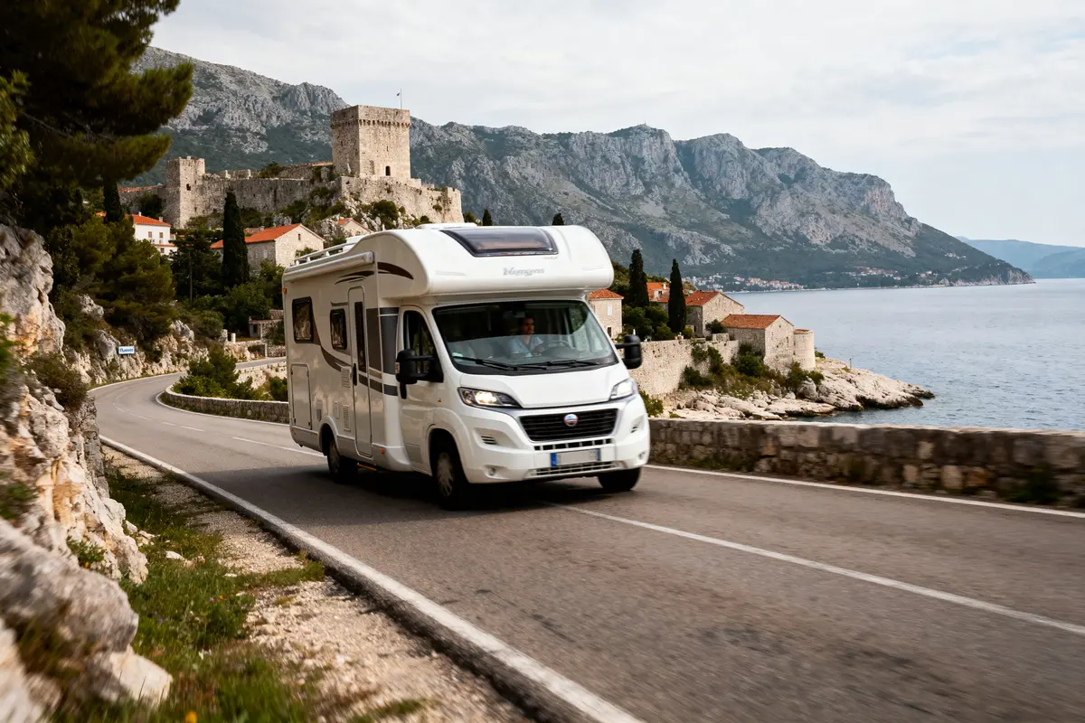 Camping-car blanc roulant sur route côtière, château et montagnes en arrière-plan.