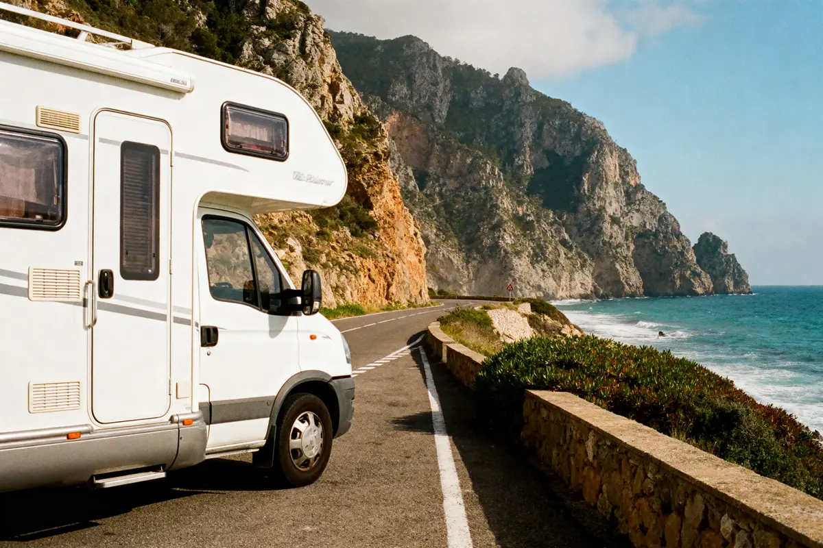 Camping-car stationné près de la route côtière sinueuse, falaise rocheuse et mer bleue en arrière-plan.