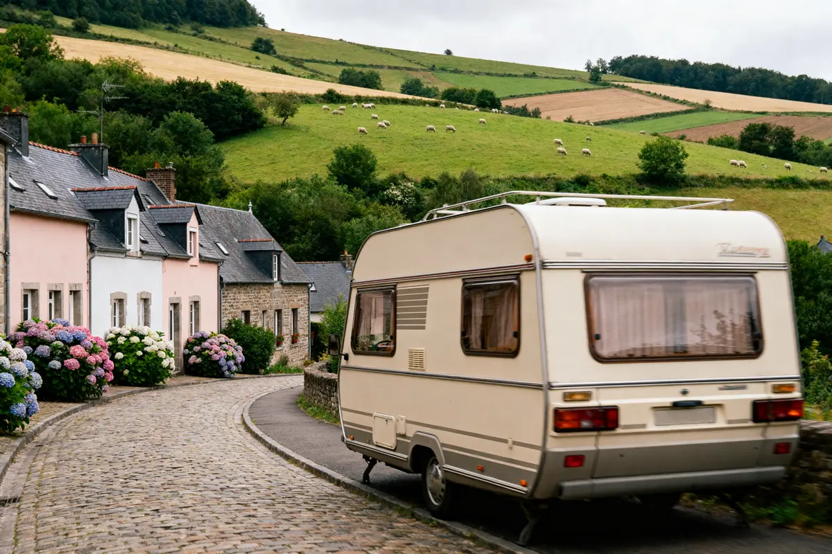 Caravane sur route pavée, maisons colorées, hortensias, campagne vallonnée avec moutons. Atmosphère rurale et paisible.