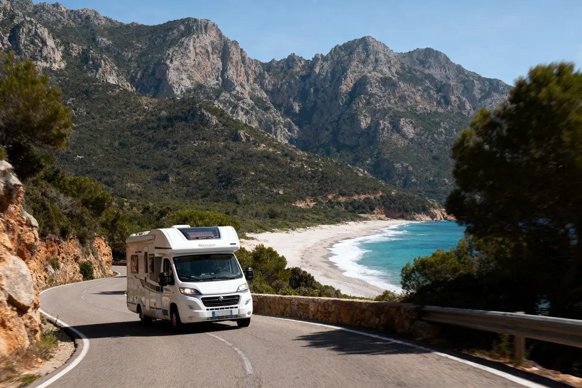Camping-car roulant sur route côtière sinueuse, montagnes et plage avec mer turquoise en arrière-plan.