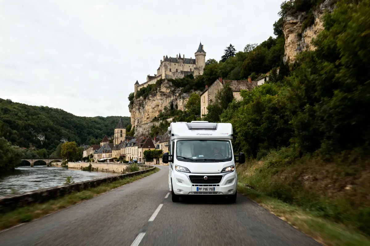 Camping-car blanc sur route de campagne, village pittoresque et château sur colline, ciel nuageux.