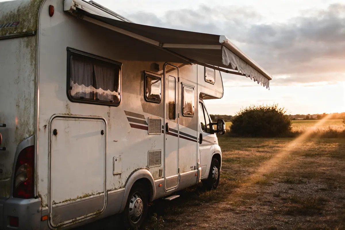 Camping-car stationné dans un champ au coucher du soleil avec un auvent déployé.