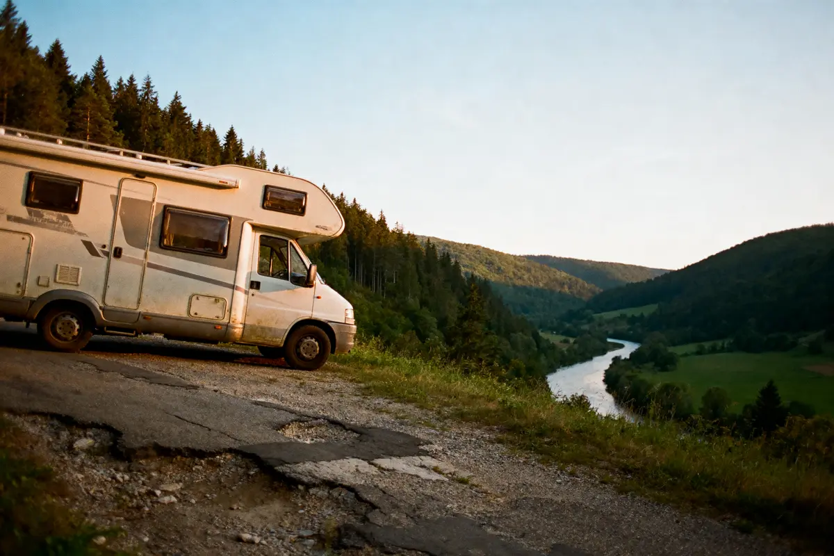 Camping-car garé sur une route, forêt et vallée verdoyante avec rivière en arrière-plan, sous ciel dégagé.