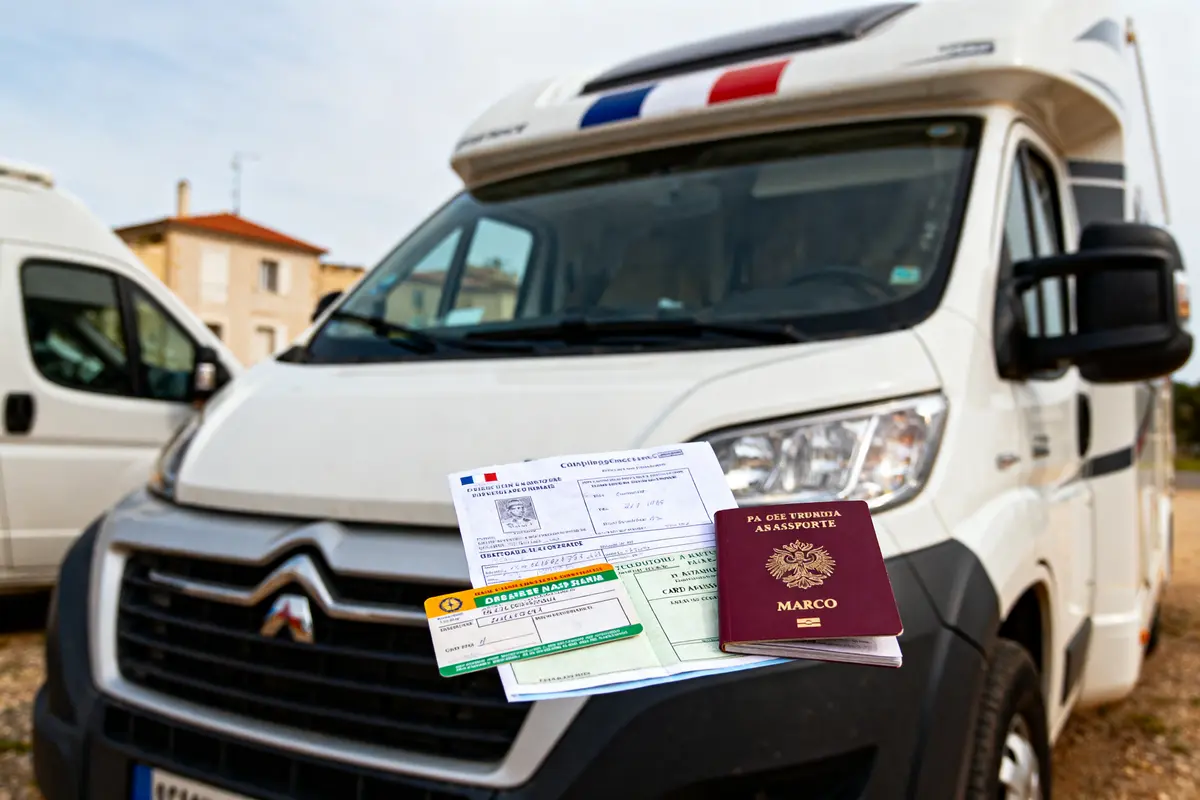 Camping-car blanc avec documents administratifs, passeport et papiers d'assurance sur le capot, maisons à l'arrière-plan.