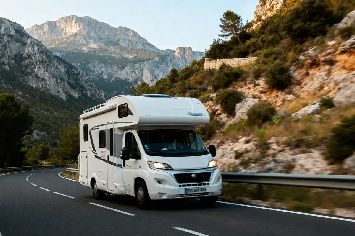 Camping-car blanc roulant sur route sinueuse entourée de montagnes et végétation. Paysage naturel en arrière-plan.