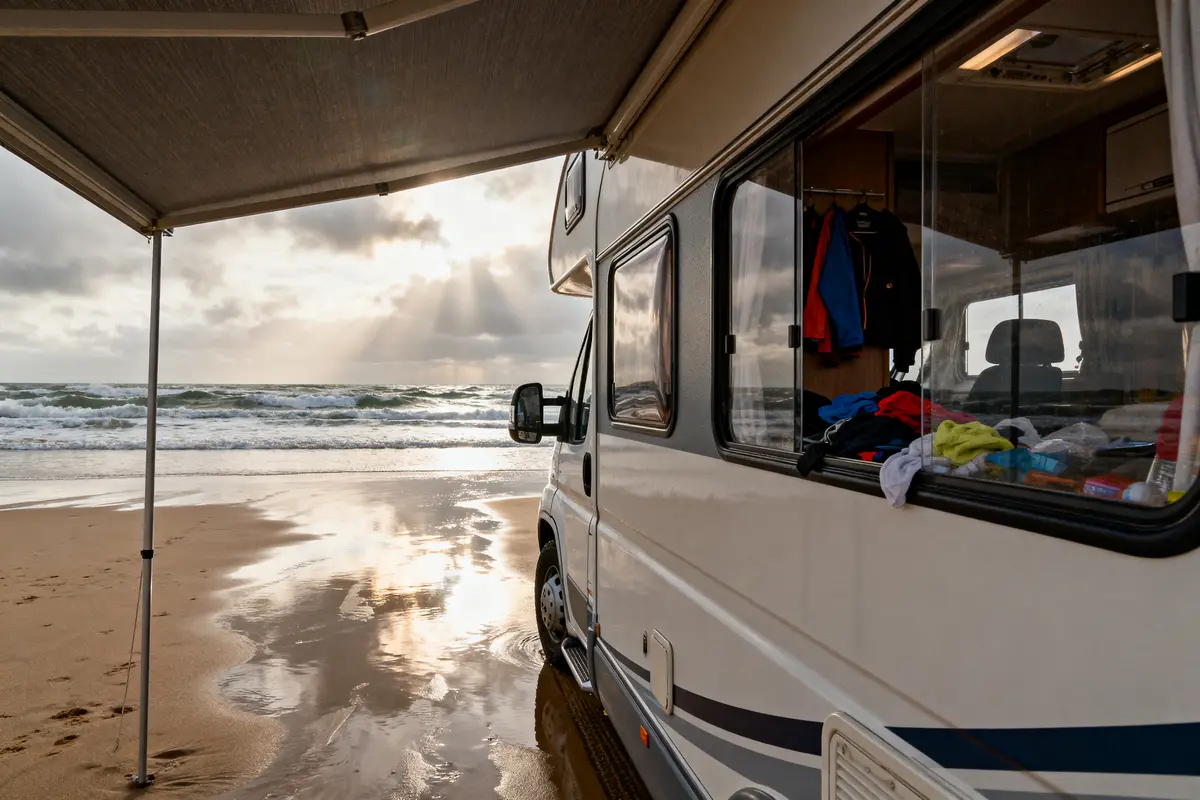 Camping-car sur plage, sous auvent, avec vêtements, soleil perçant nuages, reflétant dans l'eau et sable.