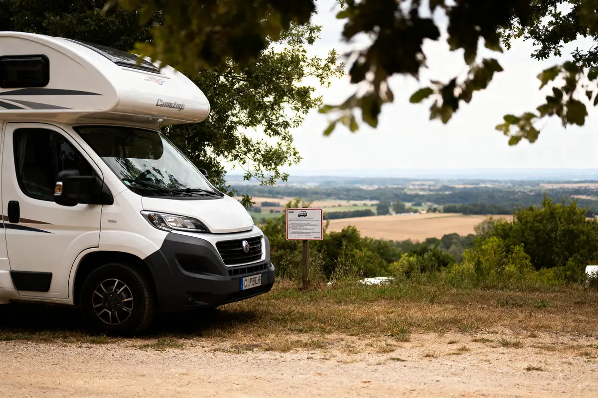 Camping-car garé sous un arbre, avec vue sur champs et paysage lointain, panneau d'information à proximité.