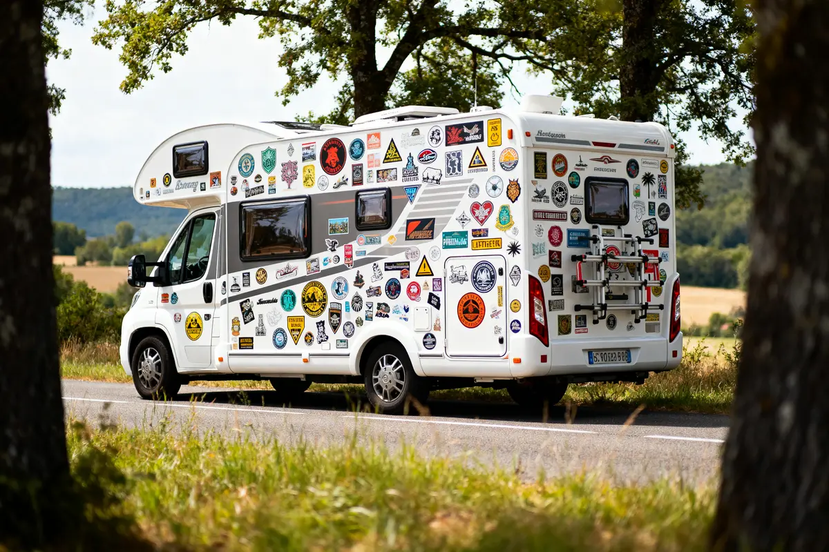Camping-car blanc sur route, décoré d'autocollants colorés, arbres en arrière-plan.