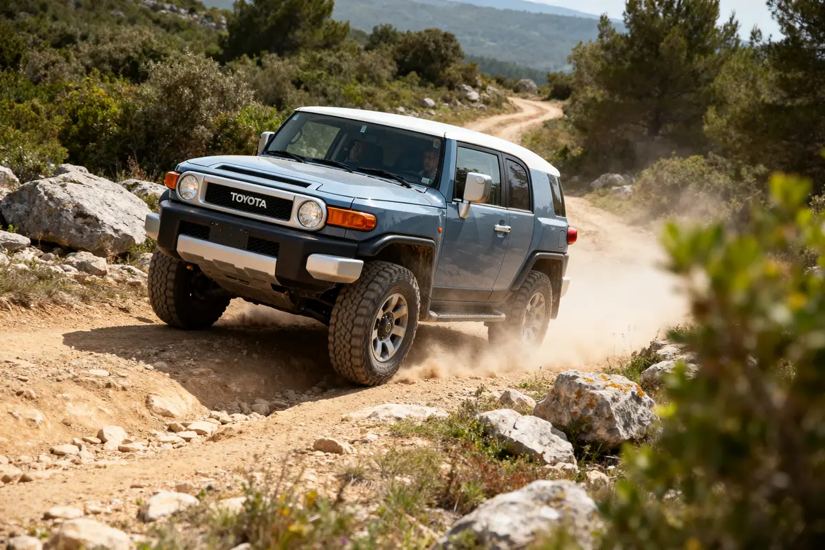 Toyota SUV FJ Cruiser bleu roulant sur un chemin de terre montagneux et rocailleux