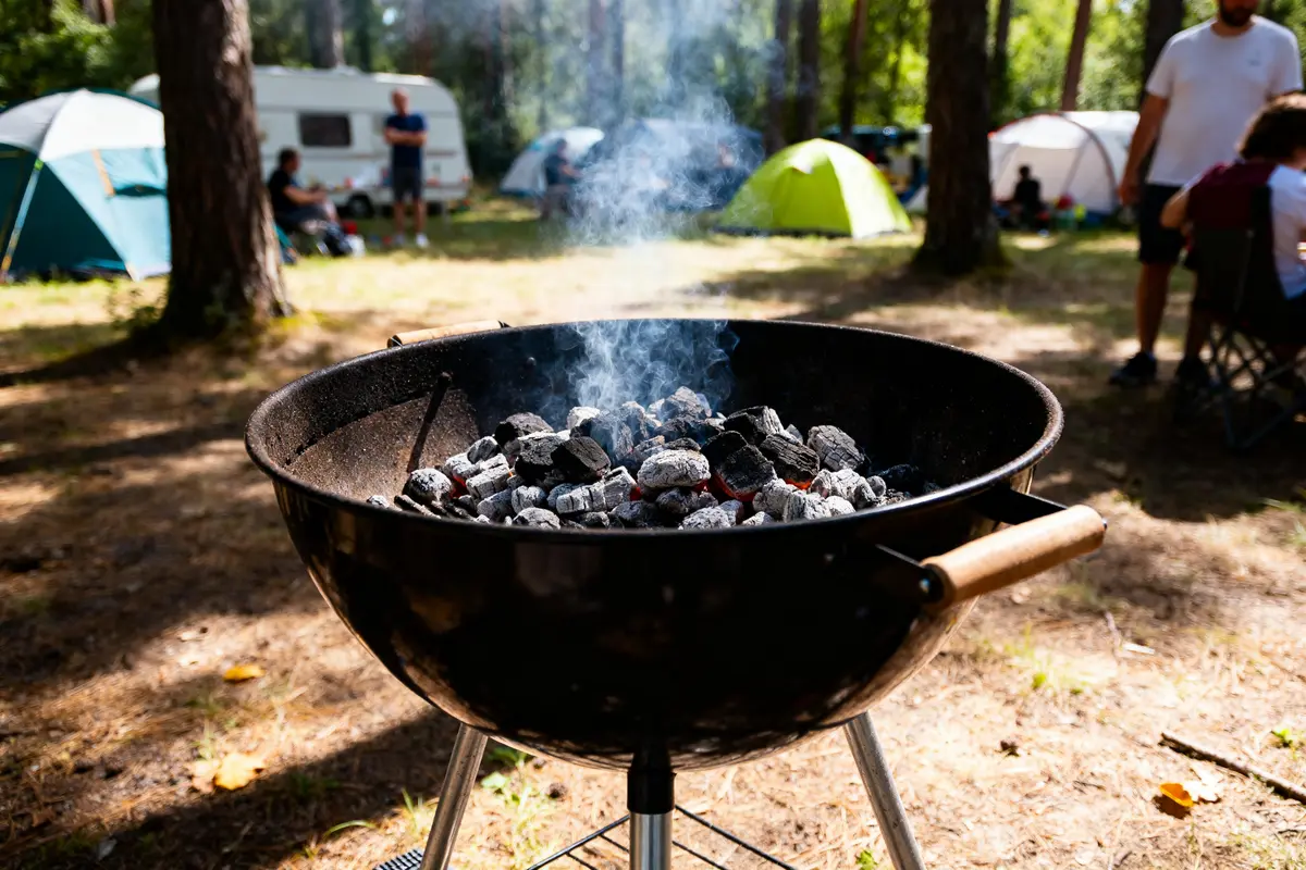 Barbecue en camping avec charbon ardent entouré de tentes et de campeurs dans la forêt