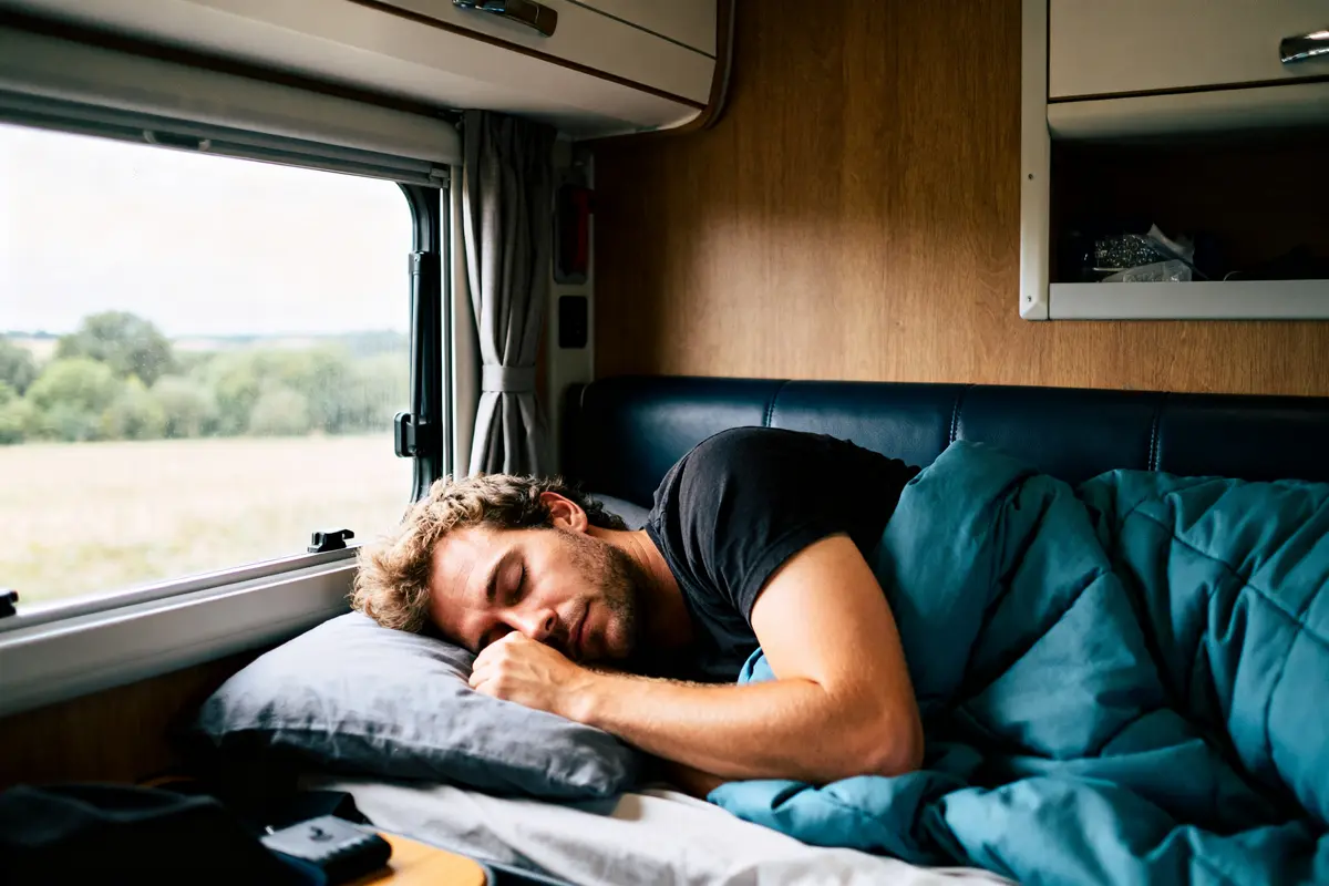 Homme endormi dans un camping-car en roulant avec vue par la fenêtre
