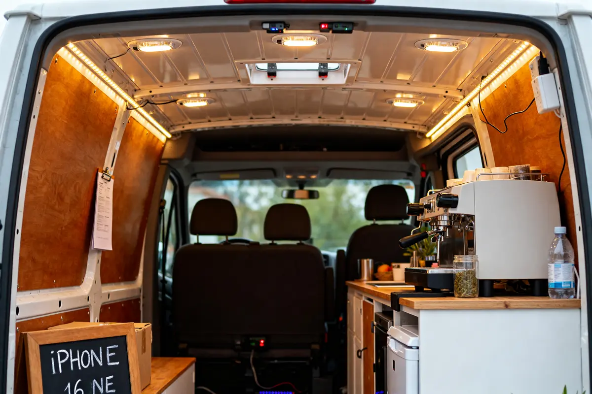Aménagement de fourgon avec éclairage LED 12V, cuisine et espace de travail lumineux