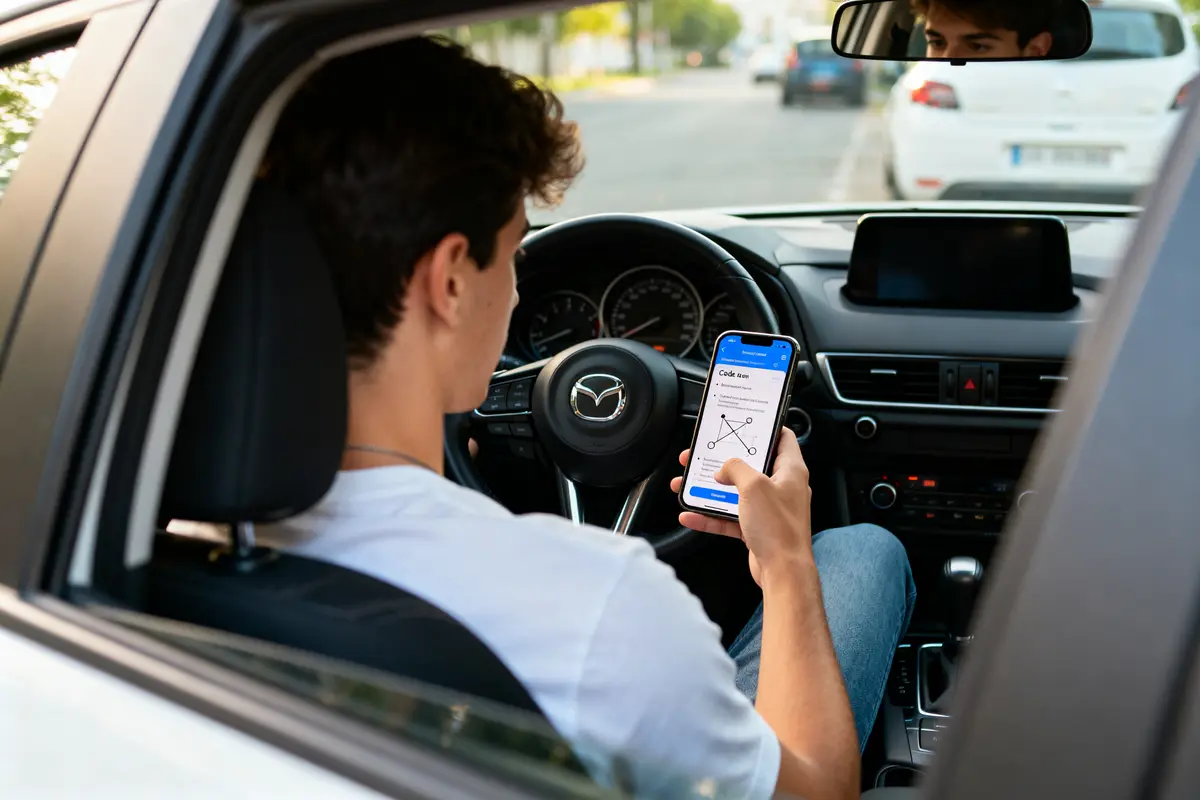 Un homme utilise une application de conduite en voiture simone dans sa voiture Mazda