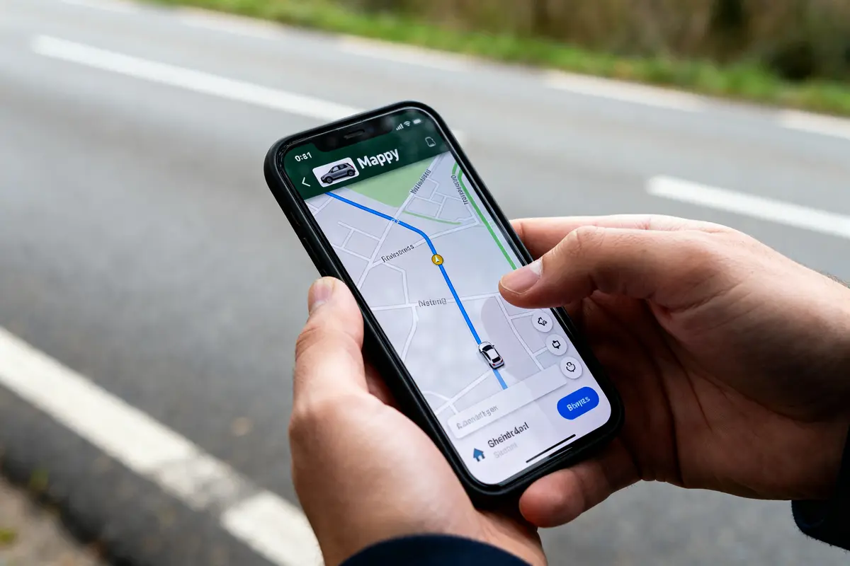 Main tenant un smartphone affichant un itinéraire voiture Mappy sur une route
