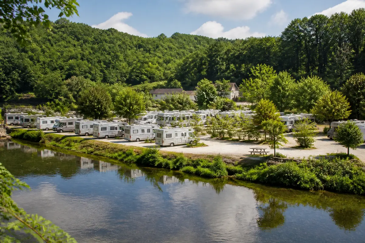 Aire de stationnement de camping-cars entourée de verdure, près d’une rivière paisible, sous un ciel bleu.