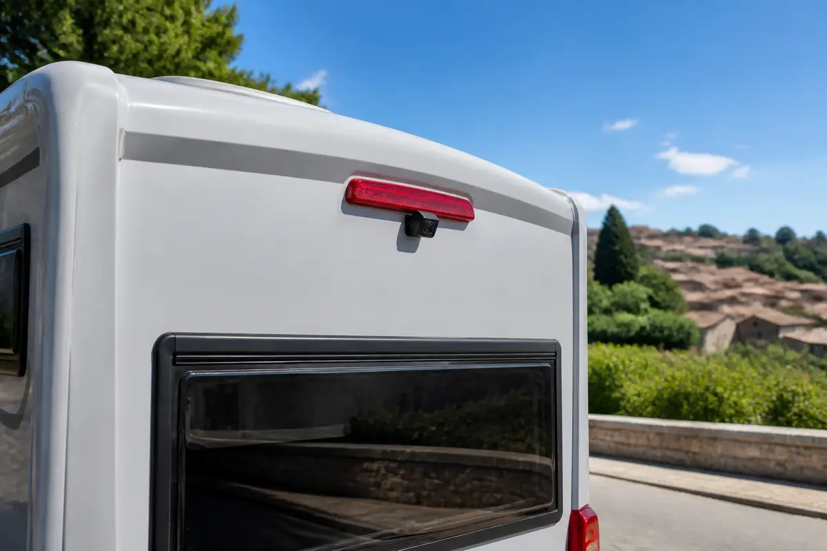 Caméra de recul sur un camping-car Fiat Ducato stationné avec paysage en fond