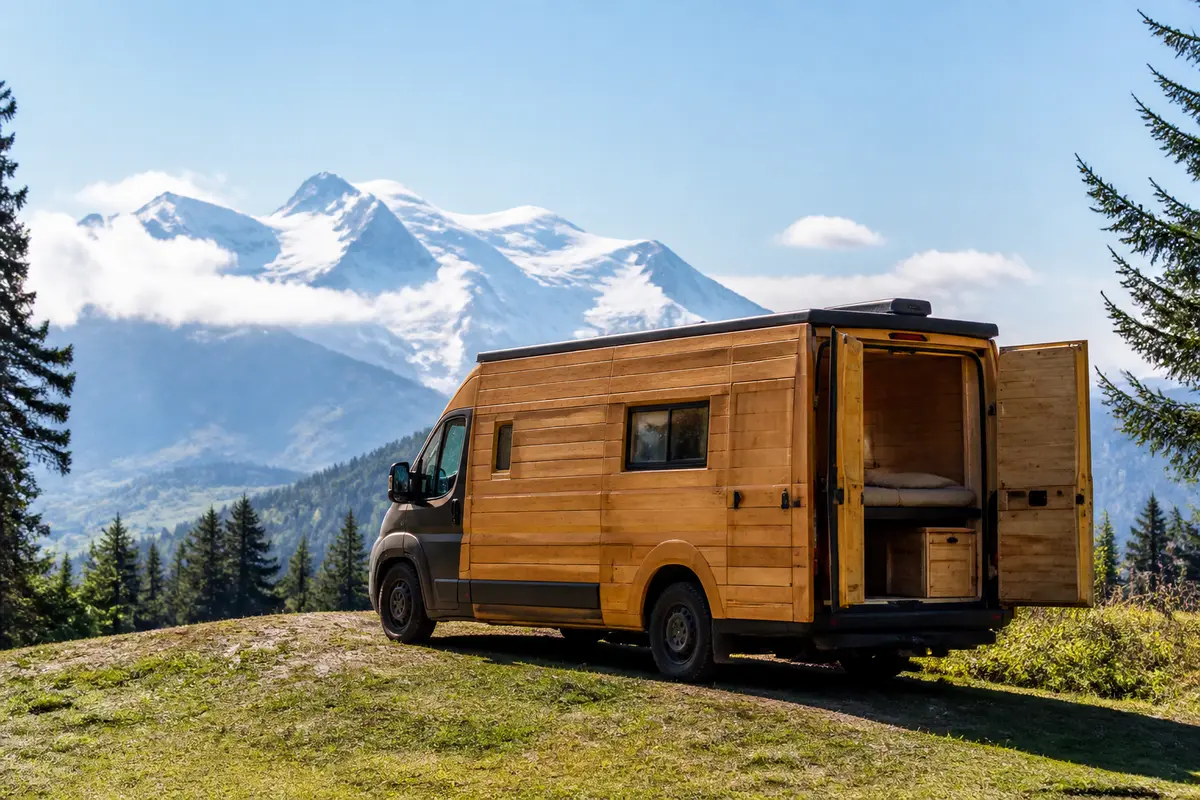 Campervan aménagé face au Mont Blanc avec vue panoramique sur les montagnes alpines