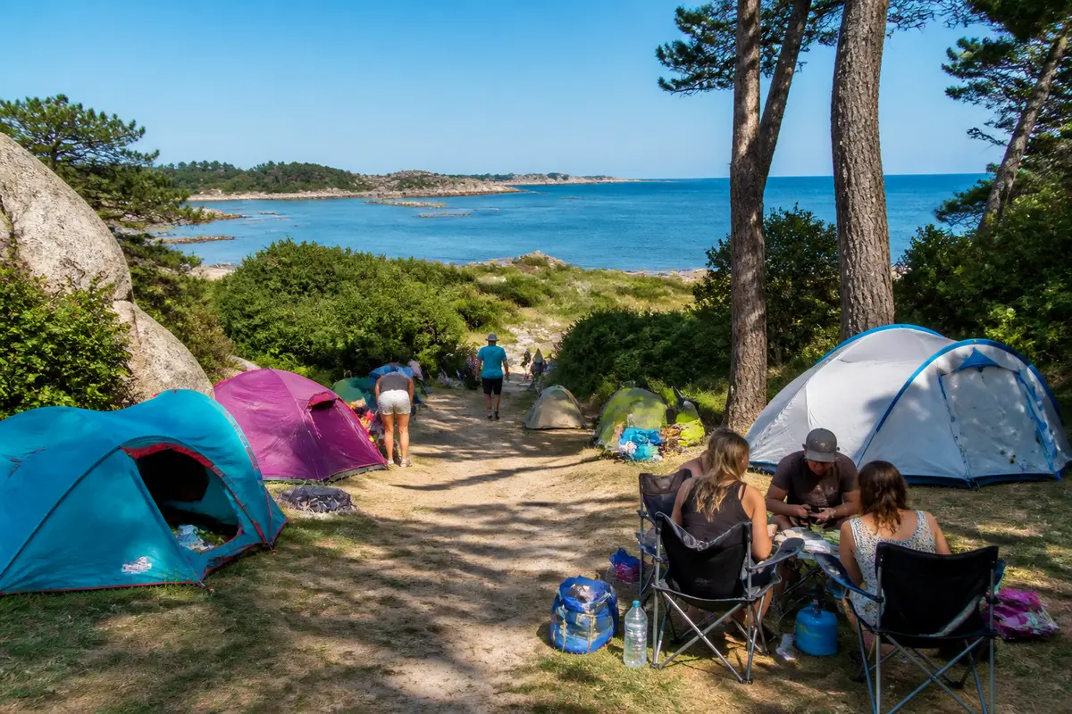 Des tentes de camping au bord de la mer, entourées d'arbres et de buissons, avec des campeurs assis.
