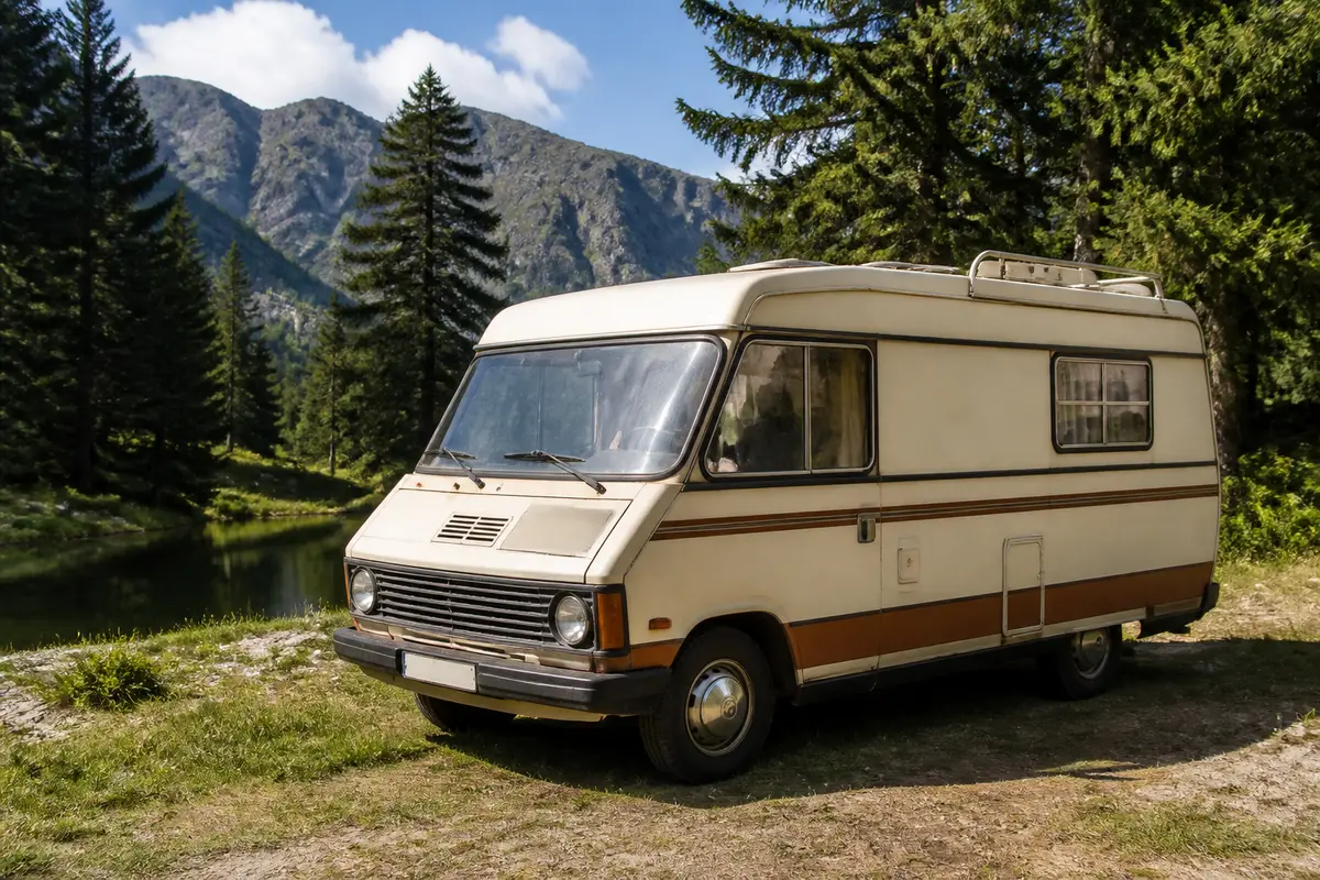 Camping-car vintage stationné dans un paysage montagneux avec sapins et étang, sous un ciel bleu.
