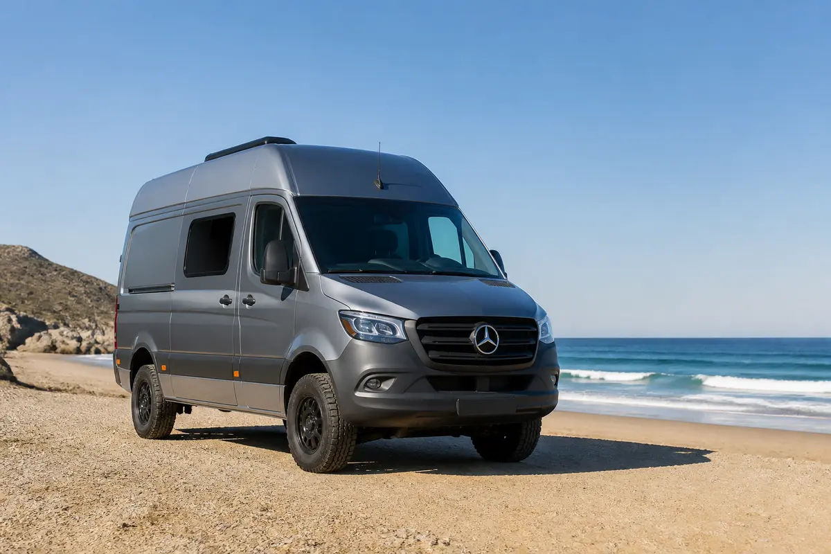 Camping-car Mercedes gris stationné sur une plage près de l'océan.