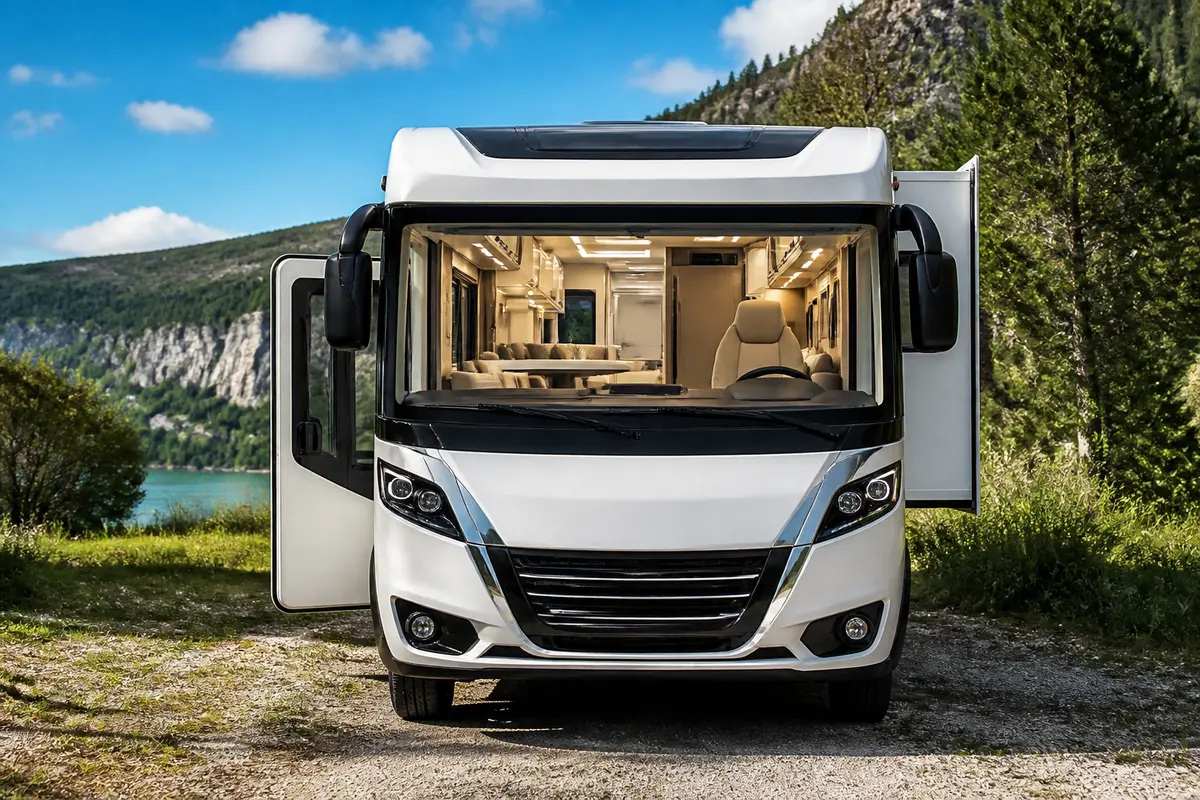 Camping-car blanc garé dans un cadre naturel, portes ouvertes, intérieur moderne et spacieux visible.