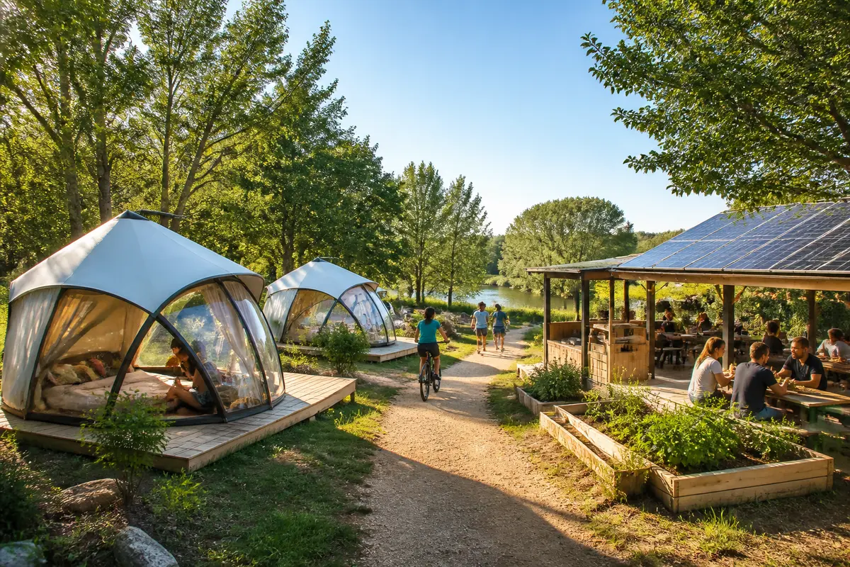 Un camping avec tentes transparentes, piste cyclable, et terrasse ombragée près d'un lac, sous le soleil.
