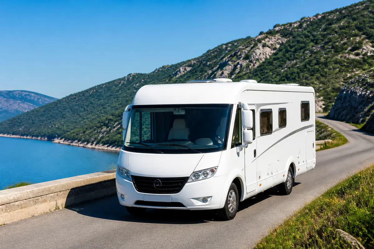 Camping-car blanc sur une route côtière, vue sur mer et montagnes verdoyantes en arrière-plan, ciel bleu.