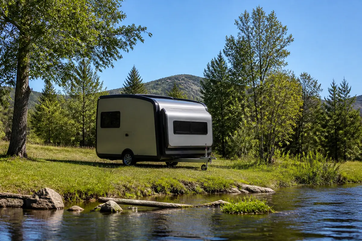 Caravane moderne garée près d'une rivière, entourée d'arbres verdoyants et de montagnes sous un ciel bleu.