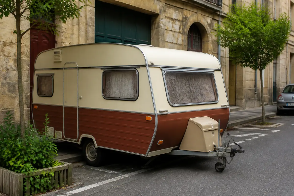 Caravane vintage beige et marron stationnée dans une rue urbaine, à côté d'un bâtiment ancien.