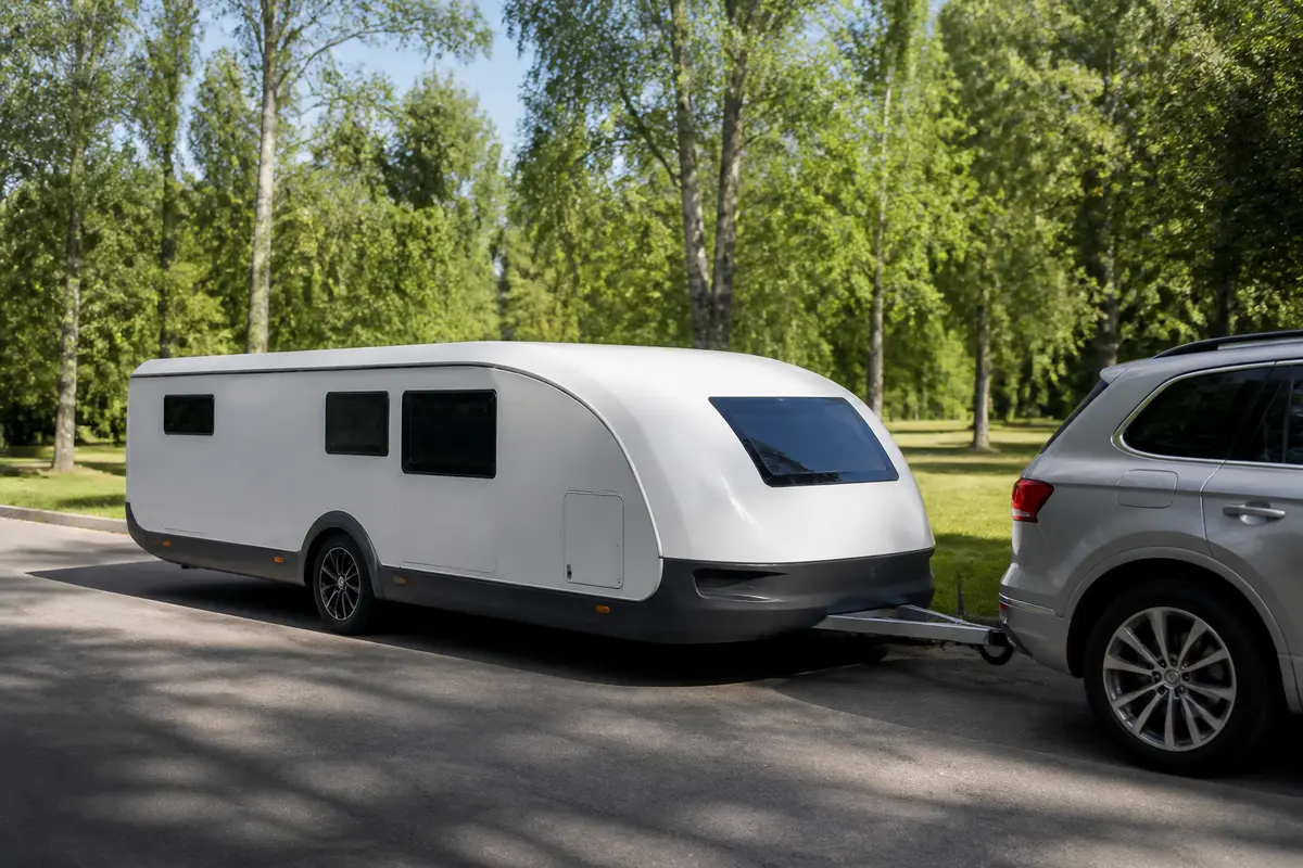 Une caravane moderne blanche tractée par un SUV gris, dans un parc verdoyant.