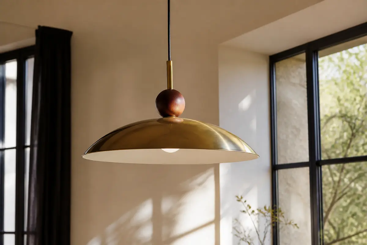 Suspension en métal doré au design élégant, éclairée par la lumière naturelle d'une grande fenêtre.