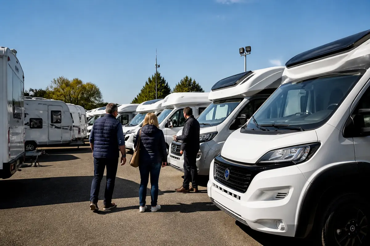 Des personnes observent une rangée de camping-cars blancs dans un parking en plein air, sous un ciel bleu.