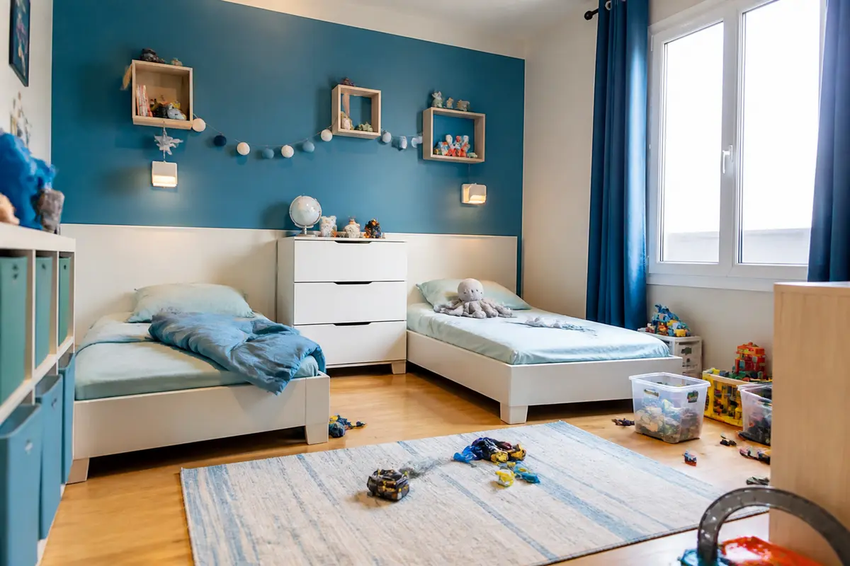 Chambre d'enfants avec lits jumeaux, mur bleu, décorations murales, jouets au sol, ambiance lumineuse.