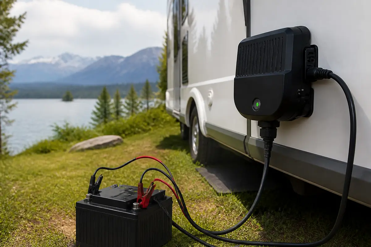 Caravane connectée à une batterie portative devant un lac, entourée de montagnes et d'arbres.