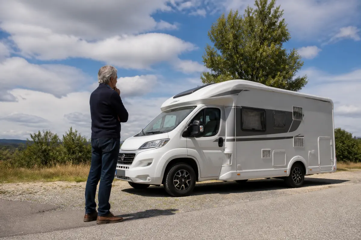 Un homme observe un camping-car stationné sur la route sous un ciel nuageux.