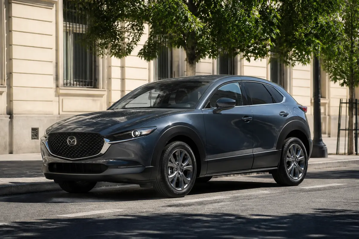 SUV Mazda gris garé sur une rue ensoleillée devant un bâtiment en pierre, avec arbres ombrageant.