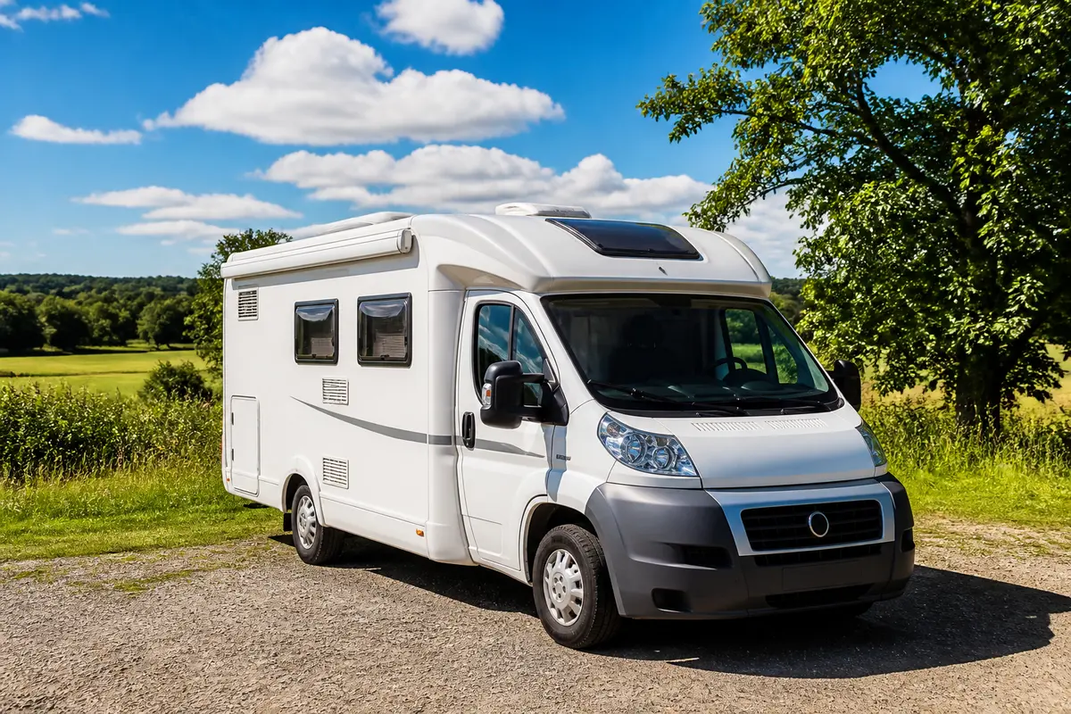 Camping-car blanc garé sur une route de campagne ensoleillée, ciel bleu et champs verdoyants en arrière-plan.