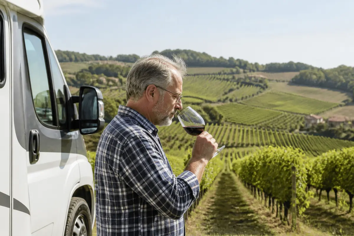 Homme dégustant du vin à côté d'un camping-car, avec vue sur vignobles sous ciel ensoleillé.
