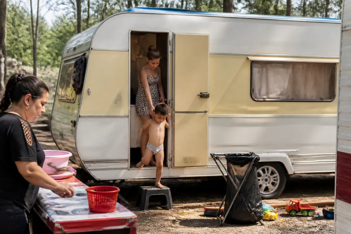 Une femme et un enfant sortent d’une caravane, jouets à proximité, autre femme prépare un repas.