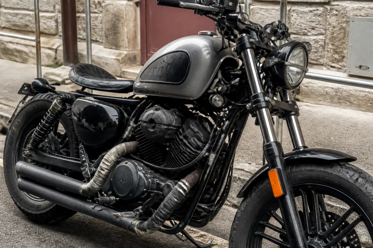 Moto custom noire garée sur une rue pavée, avec réservoir et siège mouillés, près d'un bâtiment en pierre.