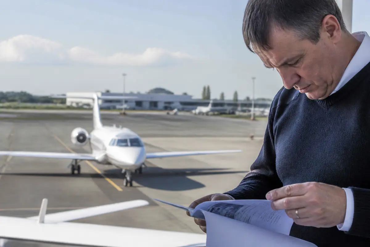 Homme regardant des documents près d'un jet privé stationné sur le tarmac de l'aéroport.
