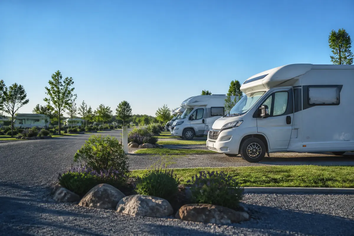Camping-cars stationnés dans un parc arboré sous un ciel bleu ensoleillé, sur terrain gravillonné.