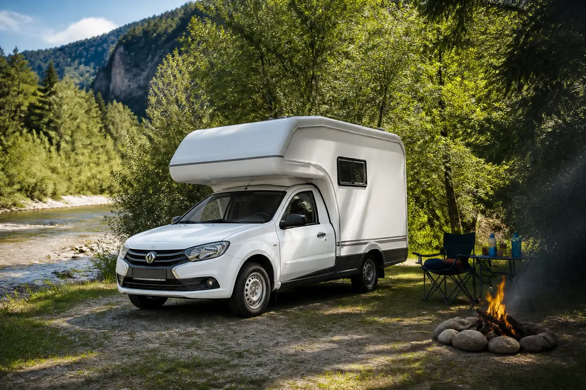 Camping-car blanc près de la rivière, entouré de forêt, feu de camp au premier plan. Paysage naturel ensoleillé.