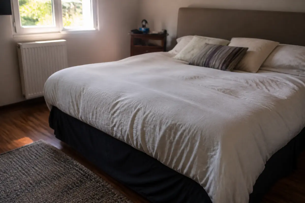 Chambre éclairée avec lit king-size couvert d'une couette blanche et plusieurs oreillers.