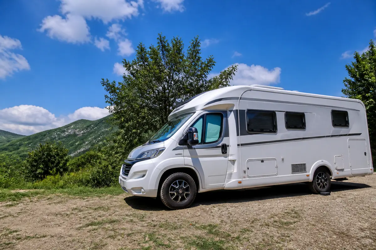 Camping-car blanc garé dans la nature, ciel bleu et montagnes verdoyantes en arrière-plan.